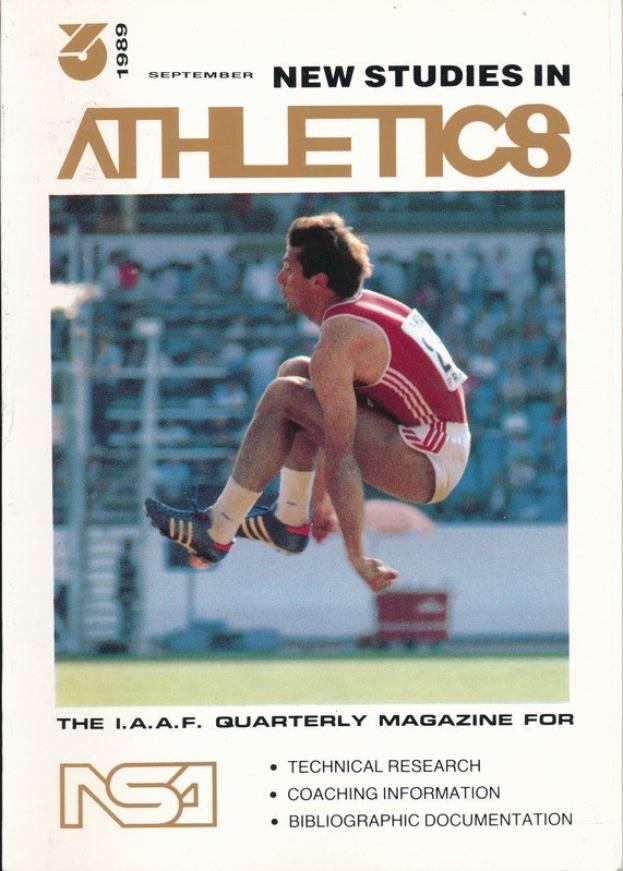 Titelbild eines Buches namens "New Studies in Athletics September 1989" mit einer Illustration eines Mannes in der Luft.