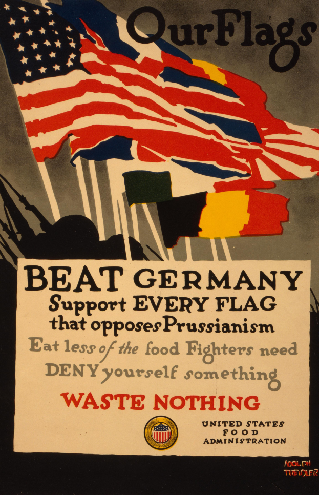 Ein Plakat mit einer roten, weißen und blauen Flagge mit einem zentralen weißen Stern, begleitet von fettem schwarzem Text, der "Unsere Flaggen schlagen Deutschland - Unterstützt jede Flagge, die gegen Preußentum kämpft" lautet, umgeben von einem weißen Rand.