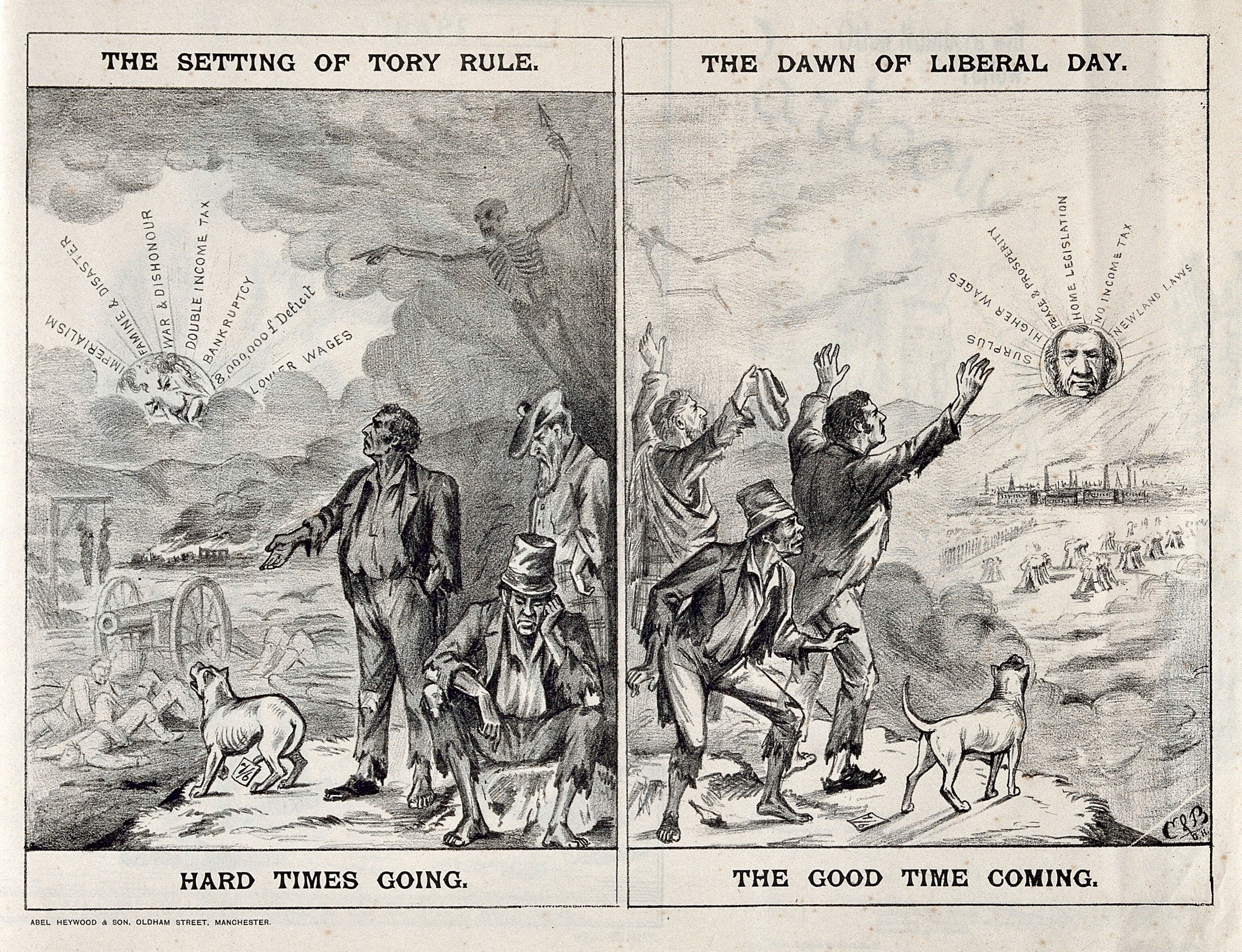 Schwarze und weiße Illustration, die den Übergang von Tory-Regelung zu liberaler Regierung zeigt, mit Menschen, Tieren und Gegenständen.