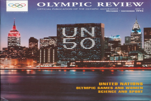 Ein Buch mit dem Titel "Olympic Review Official Publication of the Olympic Movement" liegt auf einer flachen Oberfläche und zeigt eine Stadtlandschaft mit Gebäuden, Lichtern und Wasser auf dem Cover, wobei auch der Text "United Nations Olympic Games and Women Science and Sport" zu sehen ist.