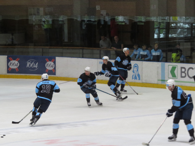 Gruppe von Menschen, die Eis Hockey auf einer Indoor-Eisbahn spielen, tragen Helme, Sportbekleidung und halten Hockey-Schläger, mit Zuschauern durch Glaswände sichtbar.