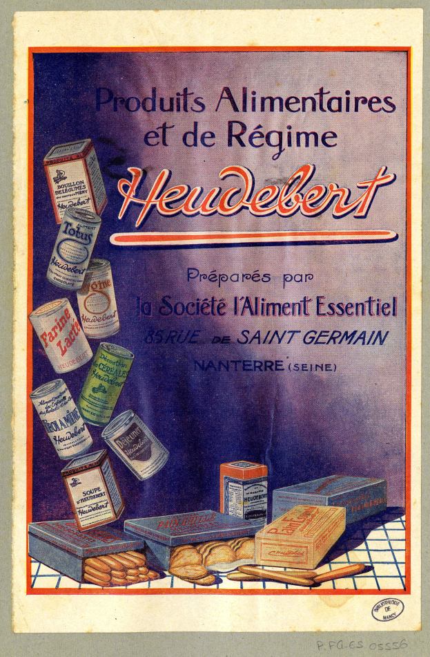 Ein Plakat mit verschiedenen Lebensmitteln, darunter Schachteln, mit der Aufschrift "Heidelberg - Produkte Alimentaires et de Régime Heidelberg".