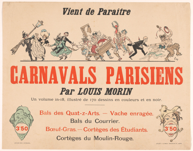 'Carnivals Parisiens' von Louis Morin: Ein Papier mit farbenfrohen Illustrationen von Menschen in bunten Kostümen und Masken bei einer lebendigen Karnevalszenen, mit fetter Schrift, die den Titel betont.