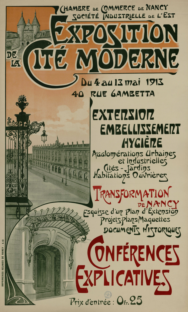 Ein Plakat, das eine Ausstellung in Cite Moderne ankündigt und ein Gebäude, ein Tor und einen bewölkten Himmel zeigt, mit Text zu den Ausstellungseinzelheiten.