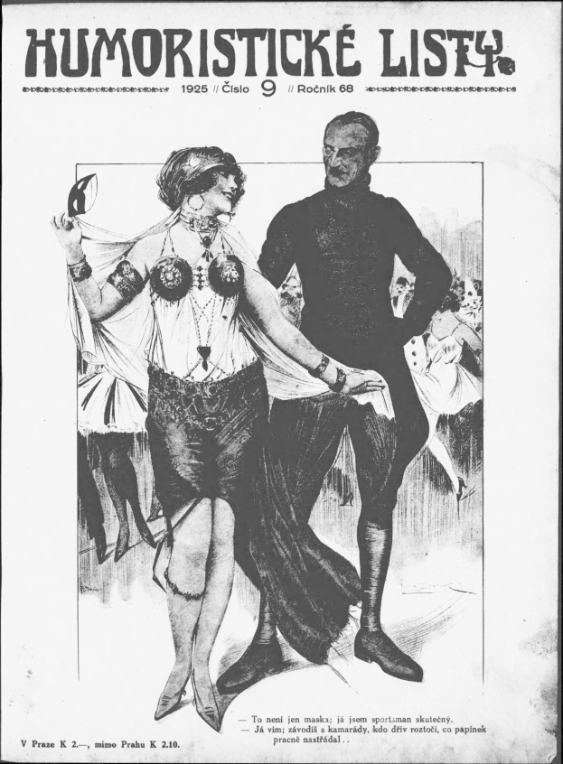 Ein Schwarz-Weiß-Plakat mit einem Mann im Anzug und einer Frau in unbekannter Kleidung, die nebeneinander stehen und ernst schauen, mit der Aufschrift "Humoristische Liste 1925" oben.