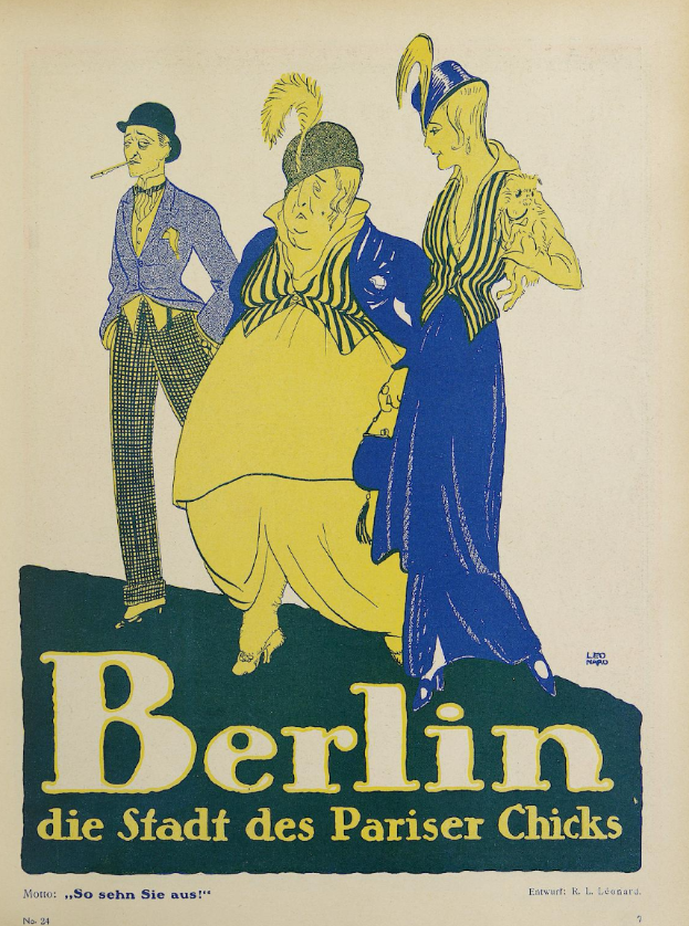 Ein Plakat für ein Konzert in Berlin, Deutschland, das eine Gruppe von Menschen in bunten Klamotten vor einem Gebäude zeigt, mit dem Text "Berlin - Die Stadt des Pariser Chicks" oben.