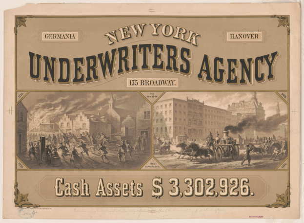 Eine Werbung aus den 50er Jahren für die New York Underwriters Agency, die Illustrationen von Menschen, Pferden und Gebäuden zeigt und die Dienstleistungen der Agentur bewirbt.