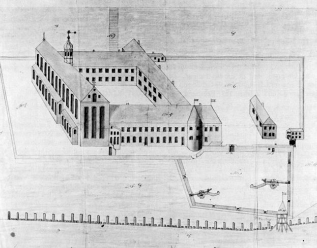 Eine Schwarz-Weiß-Zeichnung eines großen, mehrfenstrigen Gebäudes, das als Gefängnis in den Niederlanden identifiziert ist, mit begleitendem Text, der seine Merkmale beschreibt.