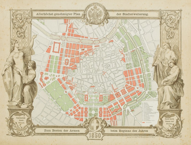 Ein altes, detailliertes Stadtplan von Berlin, Deutschland, der Straßen, Gebäude und Sehenswürdigkeiten zeigt, flankiert von zwei Statuen, mit Text, der zusätzliche Stadtinformationen bereitstellt.