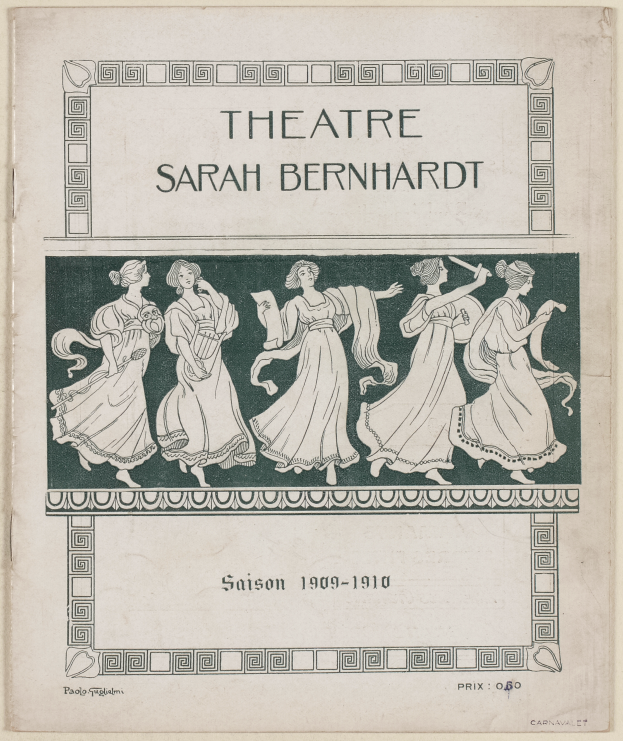 Ein Vintage-Plakat des Theaters Sarah Bernhardt von 1909-1910, das eine Gruppe von Frauen in der Mitte und beschreibenden Text zeigt.
