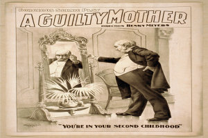 Plakat mit einem Mann vor einem Spiegel mit einem Stuhl und einer Pflanze im Hintergrund, Text lautet "Eine schuldige Mutter - Du bist in deiner zweiten Kindheit."