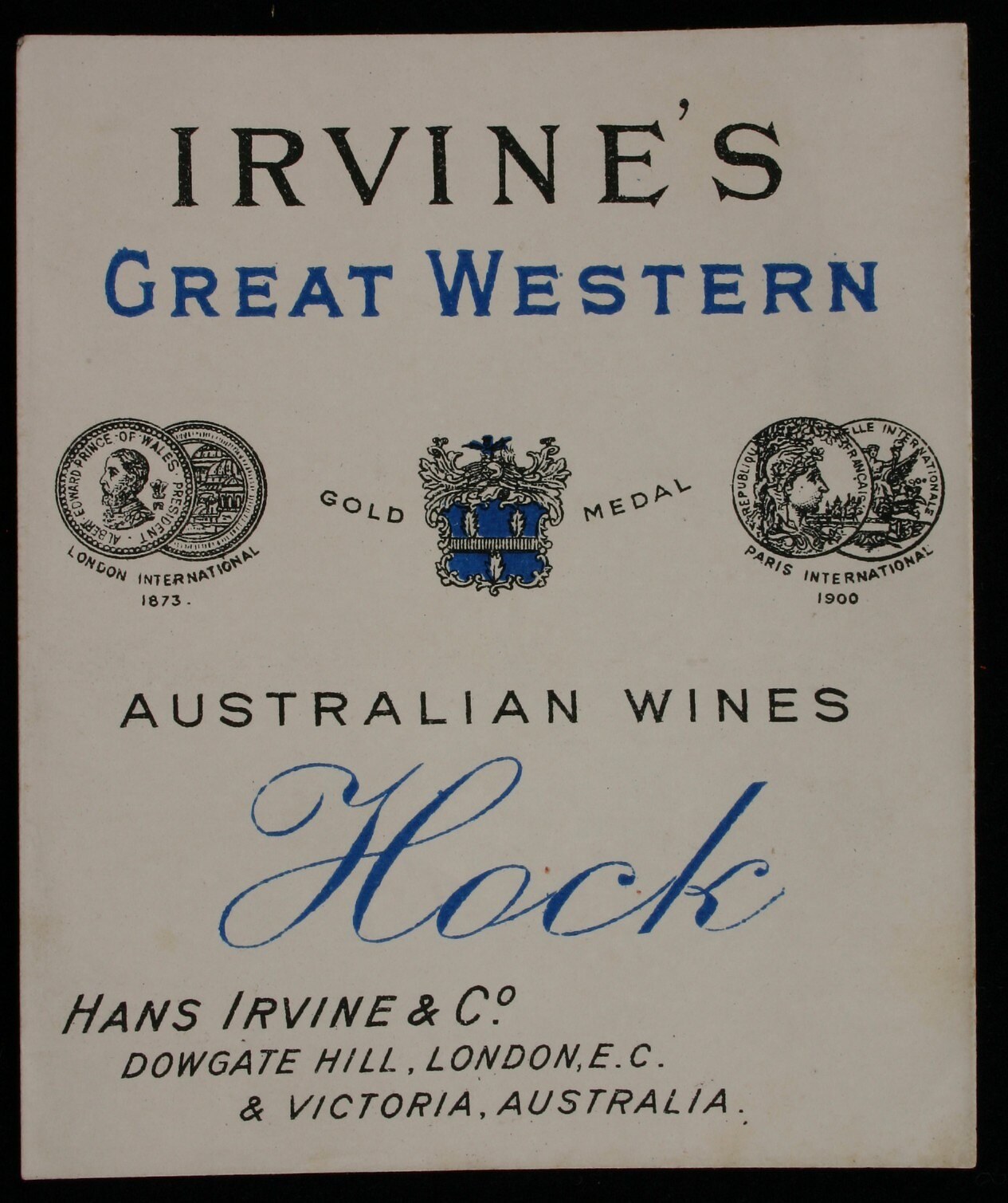 Plakat, das Irvine's Great Western Australian Wines Hock mit Firmenlogos und Text, der die Weinarten angibt, bewirbt.