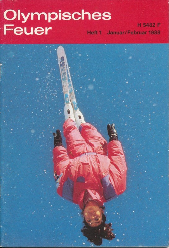 Titelbild eines Olympia-Heftes von Januar/Februar 1988 mit einem Skispringer in rot-weißer Kombination