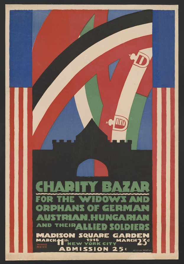 Charity Bazaar Plakat für die Witwen und Waisen deutscher, australischer, ungarischer und alliierter Soldaten, mit Veranstaltungsdetails in Textform.