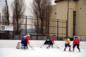 Menschen beim Eisschlittschuhlaufen auf einer Eisfläche mit Gebäuden, Bäumen, einer Straßenlaterne, einem Namensschild und Zäunen im Hintergrund unter einem Himmel.
