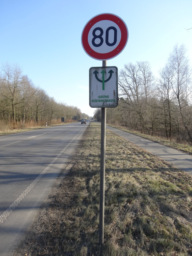 Geschwindigkeitsbegrenzungstafel am Straßenrand mit vorbeifahrenden Fahrzeugen, Gras, Bäumen und einem klaren blauen Himmel im Hintergrund.