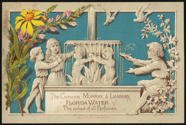 Kinder, die in der Nähe eines Brunnens spielen, umgeben von Pflanzen, Blumen und Vögeln, mit Text am unteren Bildrand.