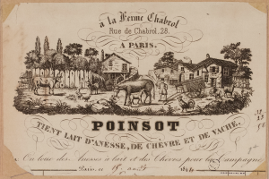 Ein altes Buch mit einer Zeichnung einer Farmszene mit Häusern, Bäumen, Tieren, Menschen und einem Wagen darauf, mit etwas Schrift auf der Seite.