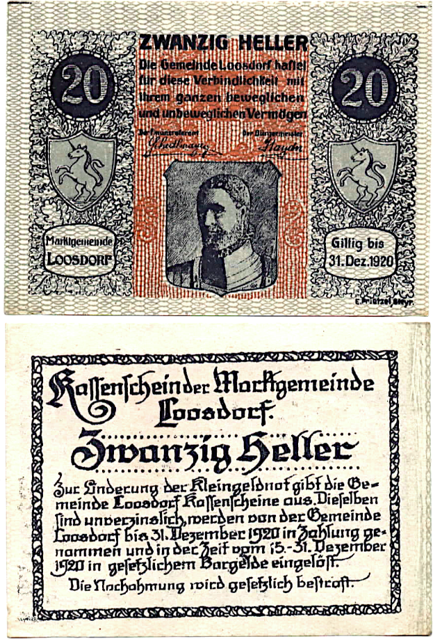 Eine alte deutsche Banknote mit einem Mann im Anzug mit ernstem Gesichtsausdruck, beschriftet mit "Zwanzig Heller".