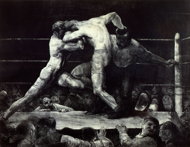 Schwarz-weiß-Zeichnung von zwei Boxern im Ring, einer schlägt den anderen, mit einer jubelnden Menge im Hintergrund.