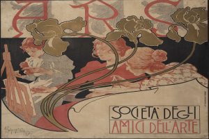 Plakat für die Gesellschaft der Kunst von Alphonse Mucha, das drei stilisierte Figuren auf einem hellgelben Hintergrund mit schwarzer Schrift zeigt.