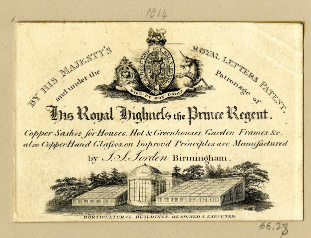 Alte Visitenkarte mit einer Illustration eines Gebäudes mit Bäumen, Text 'The Royal Highmills of the Prince Regent' und einem Logo.