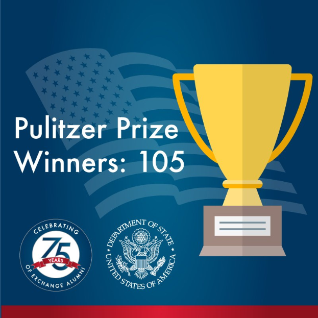 Ein Plakat mit der Aufschrift "Pulitzer-Preis-Gewinner 105", das ein zentrales Pokalsymbol und Text und Logos zeigt.