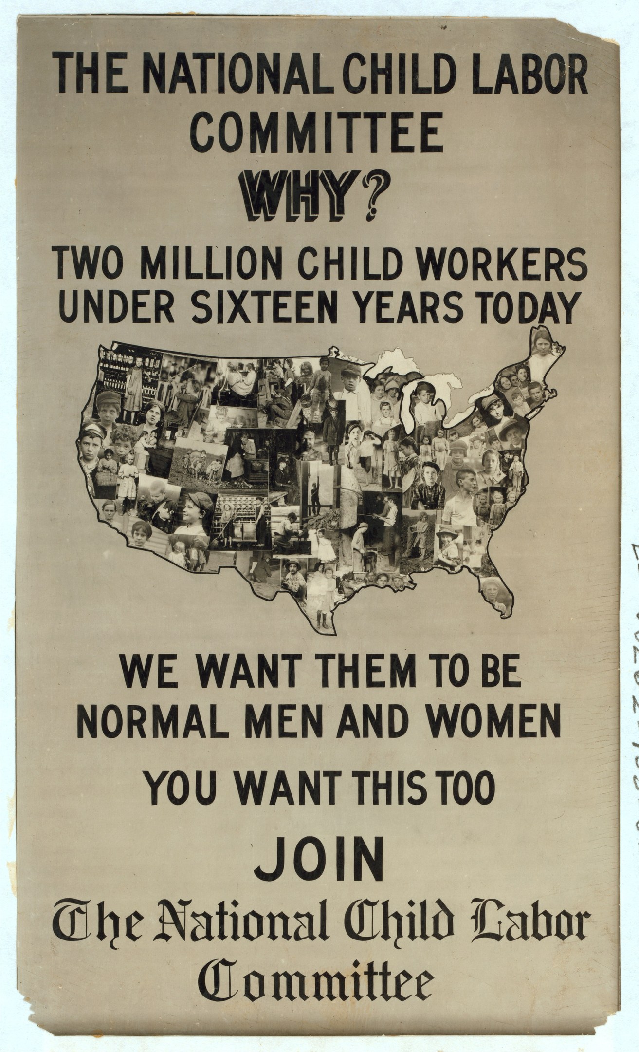 Plakat mit der Überschrift "Der Nationale Ausschuss für Kinderarbeit: Warum? Zweieinhalb Millionen Kinderarbeiter unter sechzehn Jahren heute" mit einer USA-Karte und mehreren illustrierten Gesichtern, die Ausschussmitglieder darstellen.
