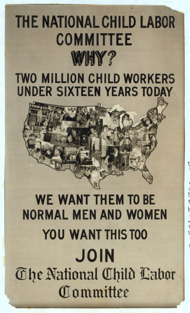 Plakat mit der Überschrift "Der Nationale Ausschuss für Kinderarbeit: Warum? Zweieinhalb Millionen Kinderarbeiter unter sechzehn Jahren heute" mit einer USA-Karte und mehreren illustrierten Gesichtern, die Ausschussmitglieder darstellen.