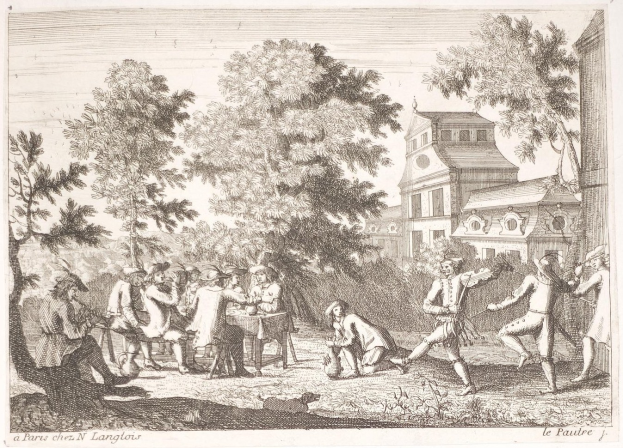 Menschen beim Spiel in einem Park mit Bäumen und einem Gebäude im Hintergrund, mit Text unten.