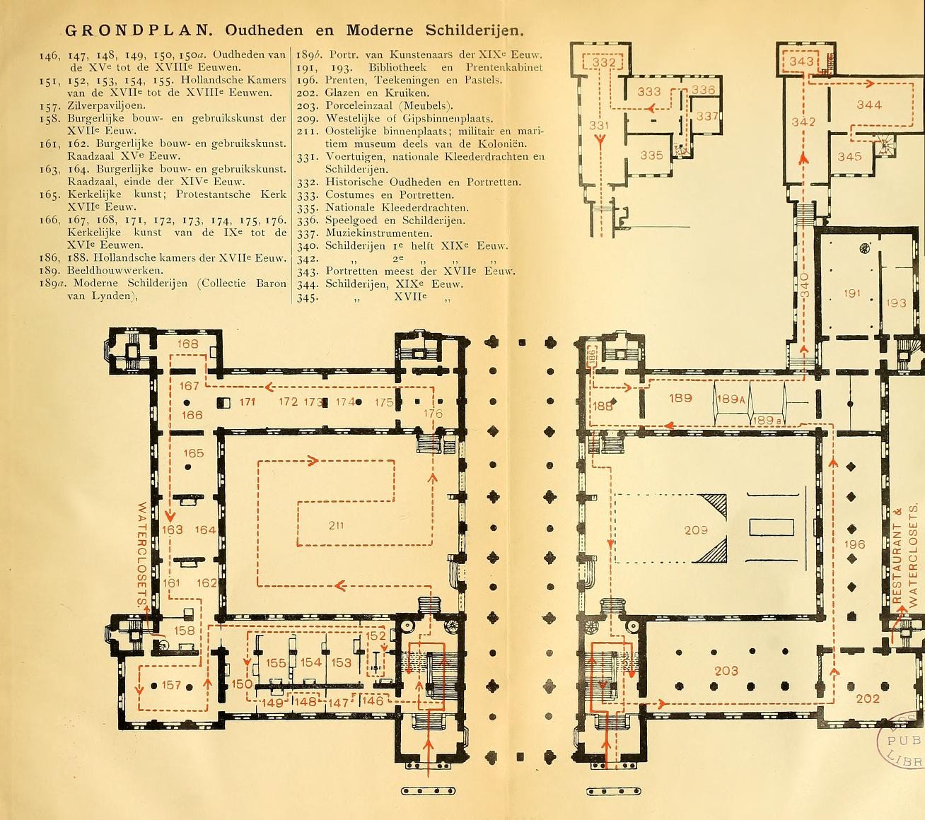 Schwarz-weißer Grundriss eines modernen Architekturmuseums mit beschrifteten Räumen und detaillierten Layout-Diagrammen auf einer Buchseite.