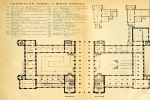 Schwarz-weißer Grundriss eines modernen Architekturmuseums mit beschrifteten Räumen und detaillierten Layout-Diagrammen auf einer Buchseite.