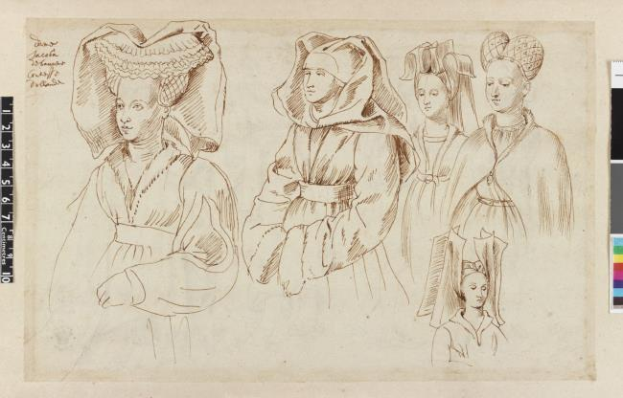 Eine detaillierte, realistische Zeichnung von drei Frauen in Kleidern und Hüten mit leuchtenden Farben, einer Skala und einem Farbpaletten auf dem Papier.