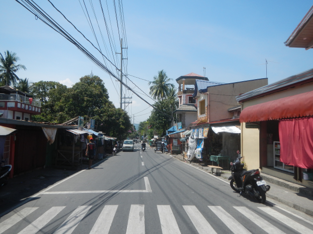 Eine Straßenkreuzung mit Zebrastreifen, fahrende Fahrzeuge, Fußgänger auf dem Gehweg, Gebäude auf beiden Seiten und ein klarer blauer Himmel mit Bäumen und Masten im Hintergrund.