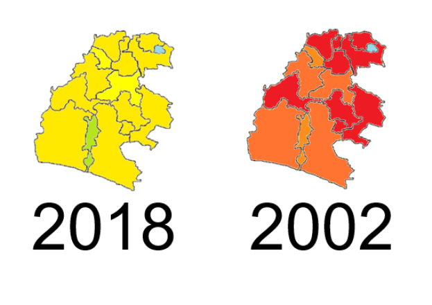 Eine Deutschlandkarte mit den Bundesländern von 2018 und 2002, die in Gelb, Rot und Orange hervorgehoben sind, auf einem weißen Hintergrund mit etwas Text.
