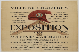 Plakat, das eine Ausstellung in Chartres, Frankreich, ankündigt, mit Text, der das Ereignis beschreibt.