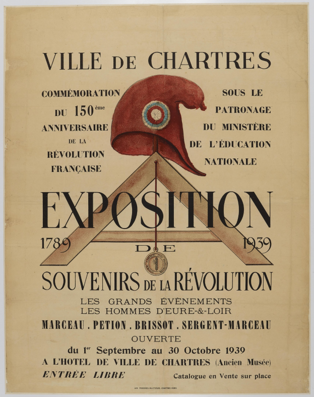 Plakat, das eine Ausstellung in Chartres, Frankreich, ankündigt, mit Text, der das Ereignis beschreibt.