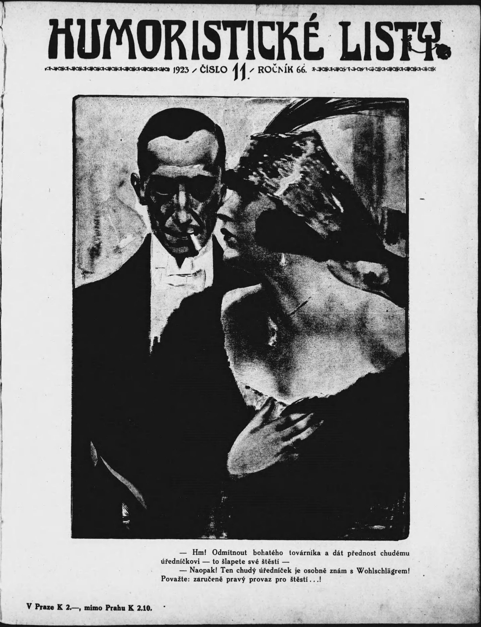 Schwarze und weiße Zeitschriftumschlag mit der Aufschrift 'Humoristische Liste', der einen Mann in einem Anzug mit ernster Miene und eine Frau mit einem leichten Grinsen zeigt, die wegsieht.