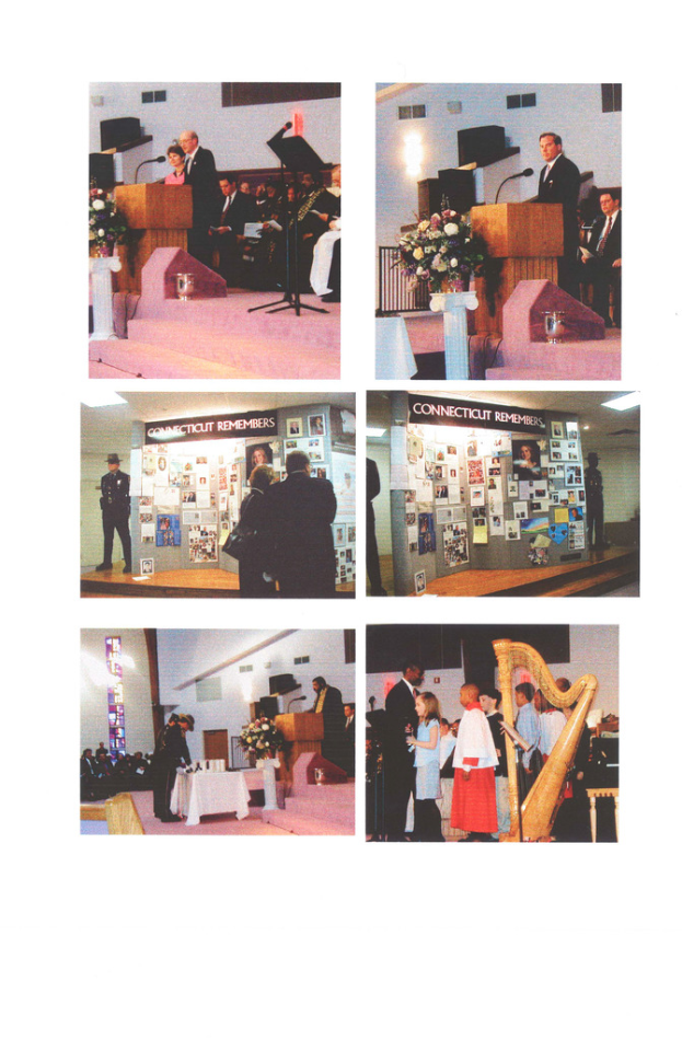 Eine Collage aus sechs Bildern: Ein Mann steht an einem Rednerpult mit einem Mikrofon und einem Blumentopf, Menschen sitzen in Stühlen hinter ihm, eine Anschlagtafel mit Plakaten, drei Menschen stehen, Personen stehen neben einem Tisch und einer Blumenvase und ein Musikinstrument.