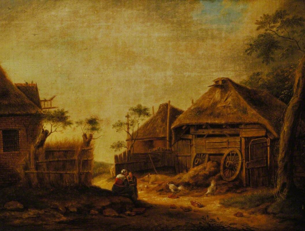 Gemälde mit dem Titel "Landschaft mit einem Bauern und seiner Frau" von Johannes Vermeer zeigt eine ländliche Dorfszene mit einem Mann und einer Frau im Vordergrund, umgeben von Hütten, Bäumen, einem Wagen, Gras, Felsen und einem bewölkten Himmel.