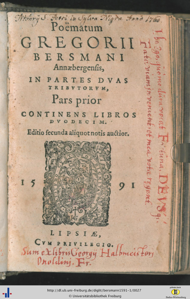 Ein aufgeschlagenes Buch mit dem Titel "Poemata Gregori Bersmani" mit einem Porträt eines Mannes in einem weißen Hemd mit ernstem Gesichtsausdruck, umgeben von einem dekorativen Rahmen.