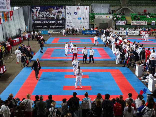 Eine Gruppe von Menschen steht auf einer blauen und roten Judo-Matte, umgeben von einer Zuschauermenge, mit Tischen, Bannern und Fahnen im Hintergrund bei den 7. World Shotokan Championships in Polen.