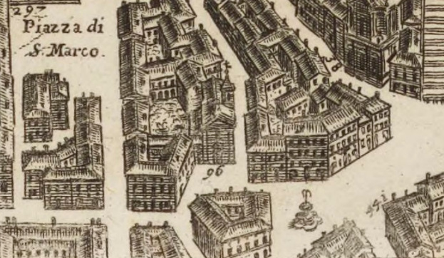 Ein detailliertes Stadtbild mit verschiedenen einzigartig gestalteten Gebäuden und begleitendem Text.