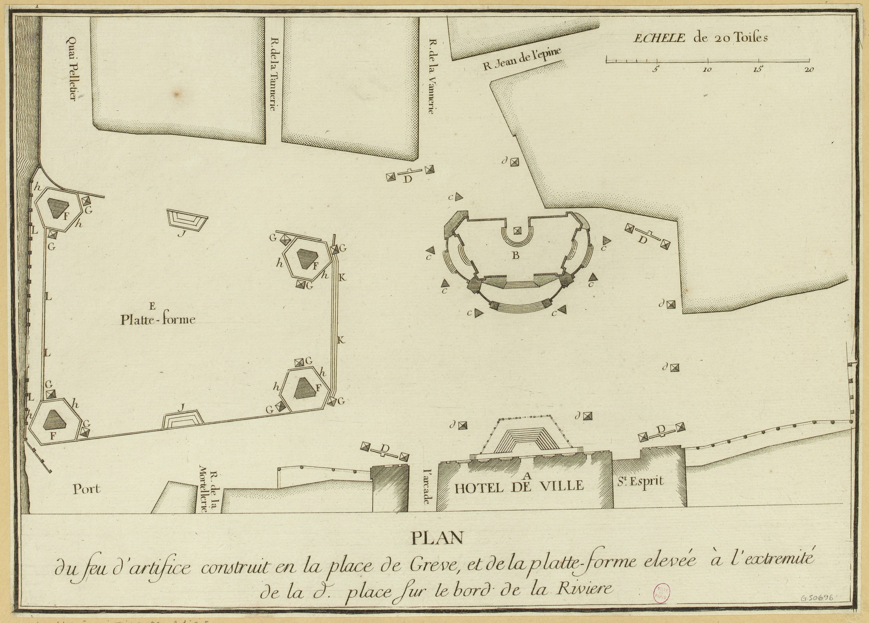 Detailierte Papierkarte von Paris mit Straßen, Gebäuden und Sehenswürdigkeiten mit handgeschriebenem Text.