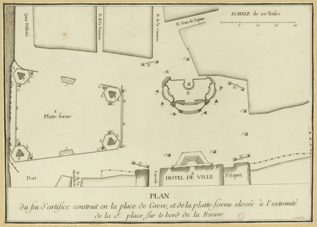 Detailierte Papierkarte von Paris mit Straßen, Gebäuden und Sehenswürdigkeiten mit handgeschriebenem Text.
