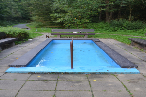 Kleiner Parkpool mit zentralem Pfahl, umgeben von Bänken, Grünflächen, Straße und Bäumen.