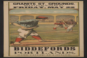 Ein Plakat, das ein Baseball-Spiel zwischen Biddeford und Portland ankündigt und einen entschlossenen Mann in einer Baseball-Uniform in der Mitte zeigt.