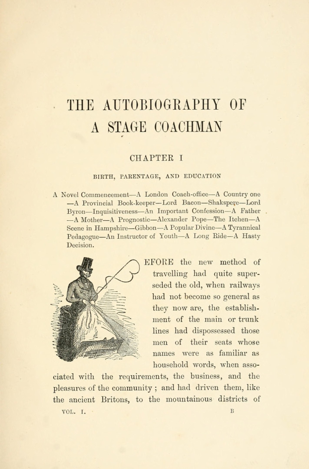 Offenes Buch mit dem Titel "Die Autobiografie eines Kutschers" zeigt eine Zeichnung eines ernst aussehenden Kutschers in einem Anzug, Hut und mit einer Peitsche und einem Buch.