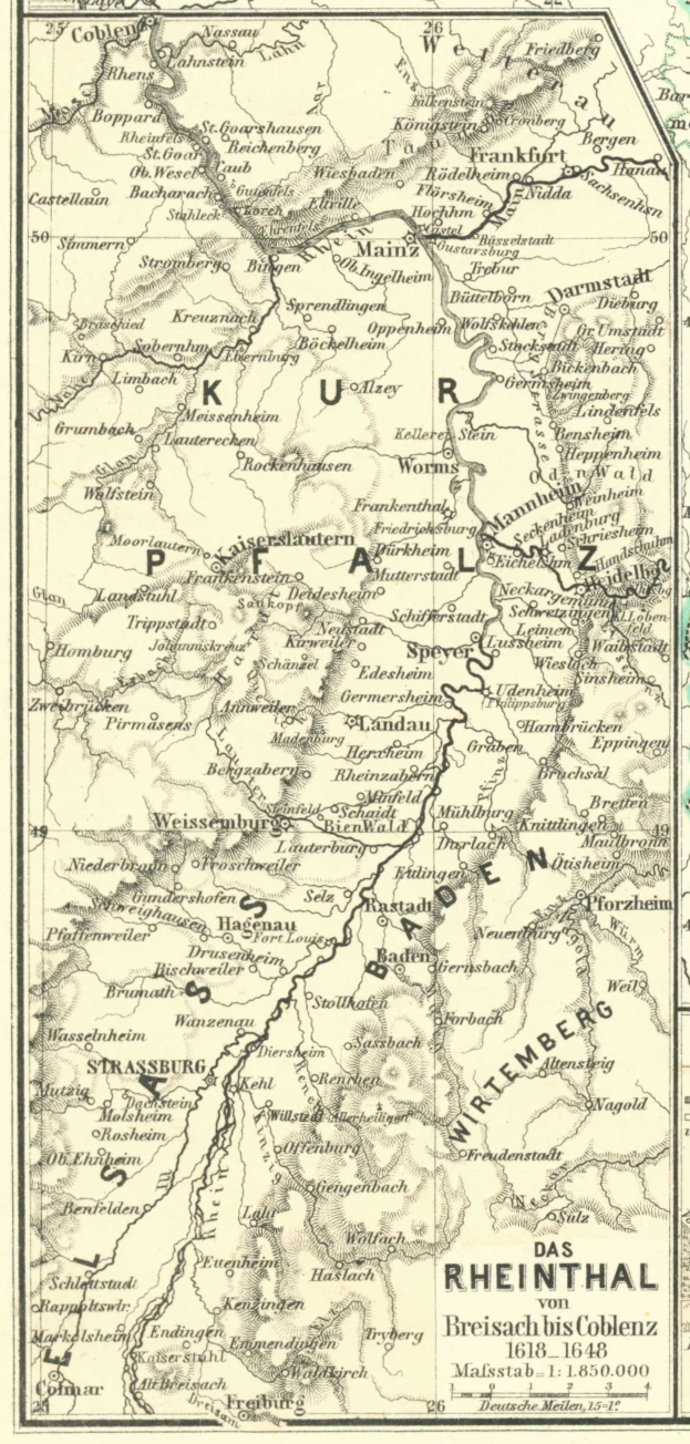 Eine alte Karte des Rheins in Deutschland, die Flüsse, Städte und Gewässer zeigt, mit beschreibendem Text oben und unten.