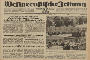 Schwarze und weiße Titelseite einer deutschen Zeitung vom 13. November 1939, betitelt "Weitpreubliche Zeitung", mit einer Gruppe von Menschen in traditioneller deutscher Kleidung auf dem Bild.